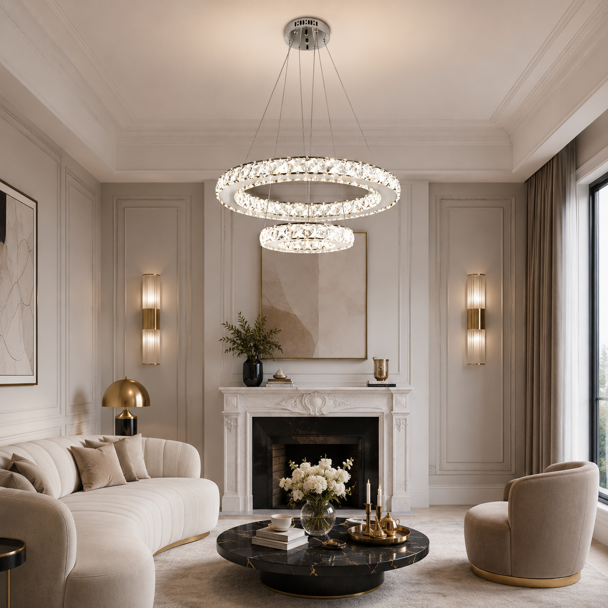 Candelabru LED 128W Creative Cristale 2 Cercuri, Telecomanda Candelabru LED 128W Creative Cristale 2 Cercuri, Telecomanda