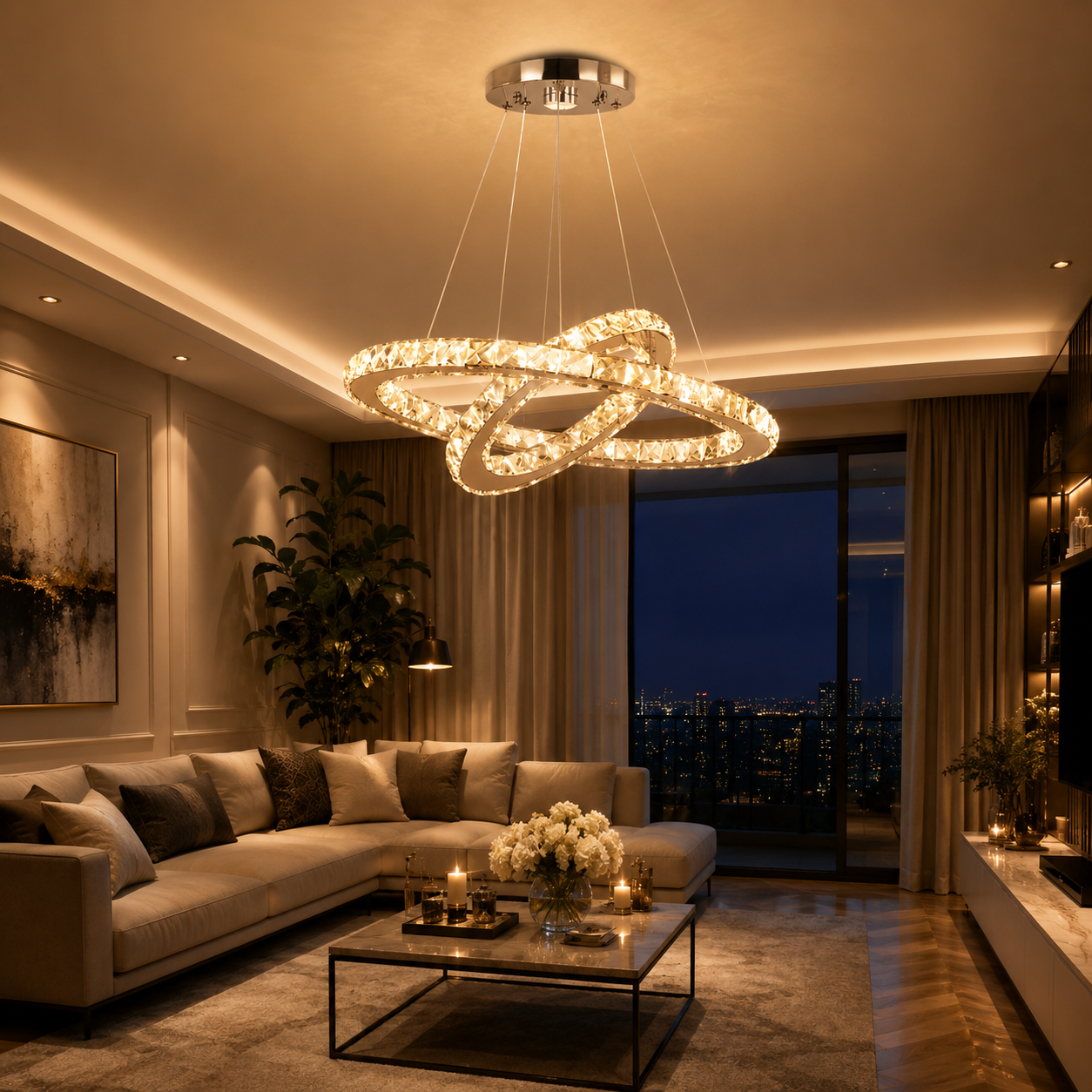 Candelabru LED 128W Creative Cristale 2 Cercuri, Telecomanda Candelabru LED 128W Creative Cristale 2 Cercuri, Telecomanda