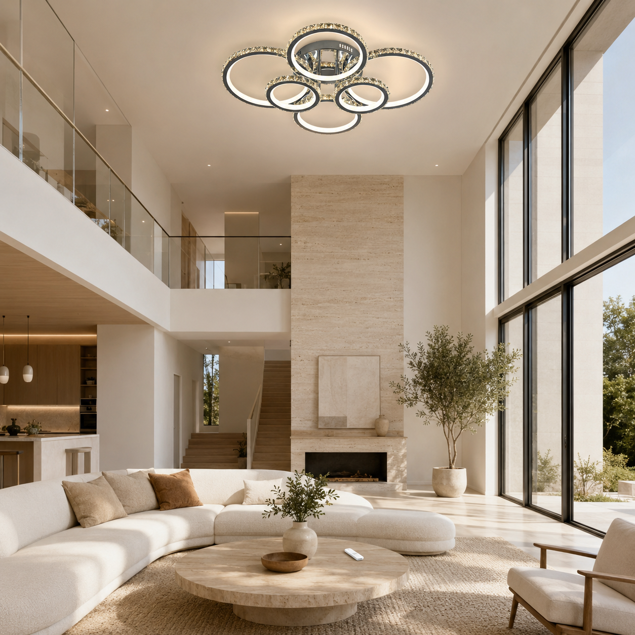 Lustra LED 240W Cristal 6 Cercuri Crom, Telecomanda Lustra LED 240W Cristal 6 Cercuri Crom, Telecomanda