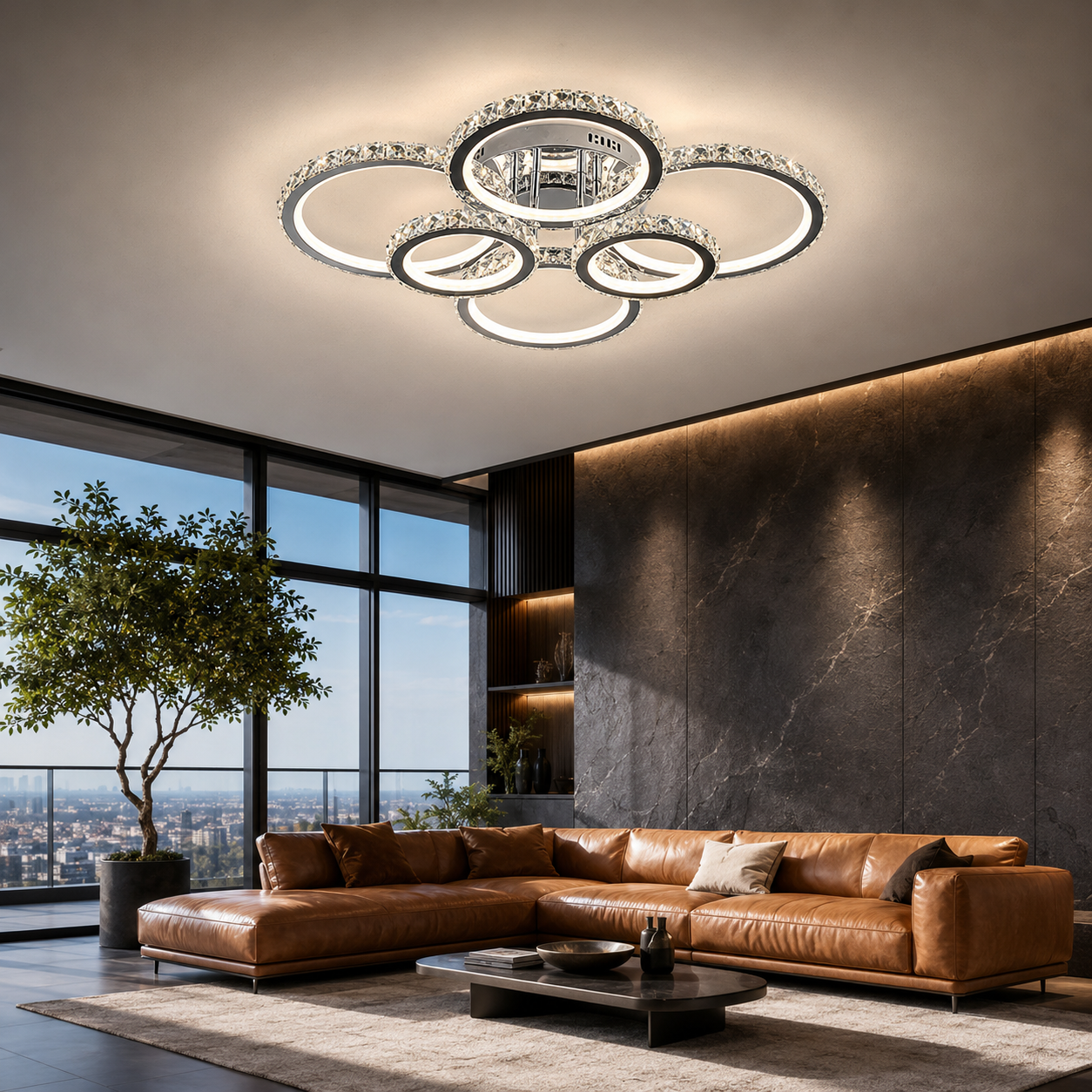 Lustra LED 240W Cristal 6 Cercuri Crom, Telecomanda Lustra LED 240W Cristal 6 Cercuri Crom, Telecomanda