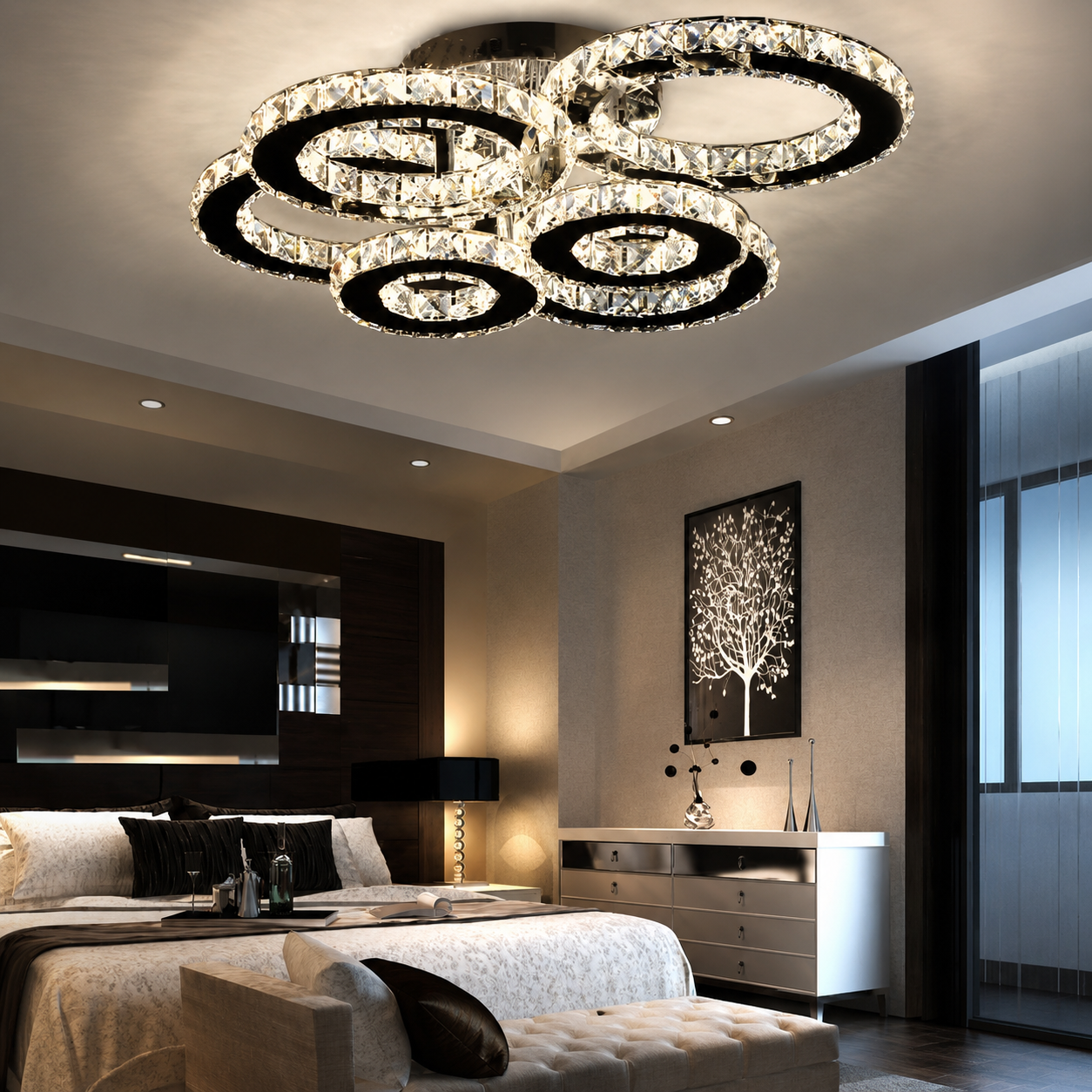 Lustra LED 240W Cristal 6 Cercuri Crom, Telecomanda Lustra LED 240W Cristal 6 Cercuri Crom, Telecomanda