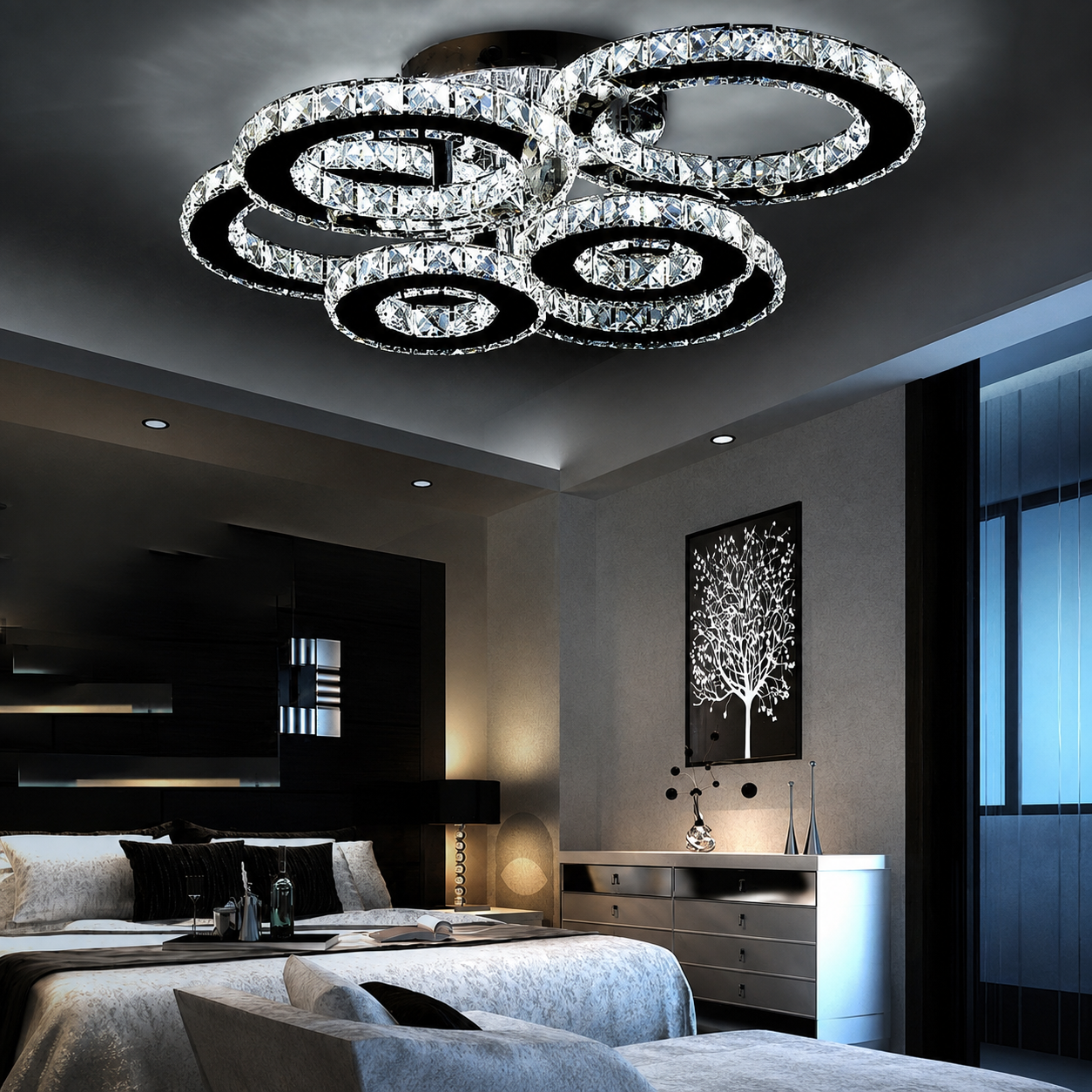Lustra LED 240W Cristal 6 Cercuri Crom, Telecomanda Lustra LED 240W Cristal 6 Cercuri Crom, Telecomanda