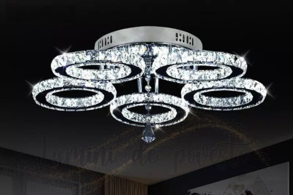 Lustra LED 100W Cristal 5 Cercuri CROM, Telecomanda