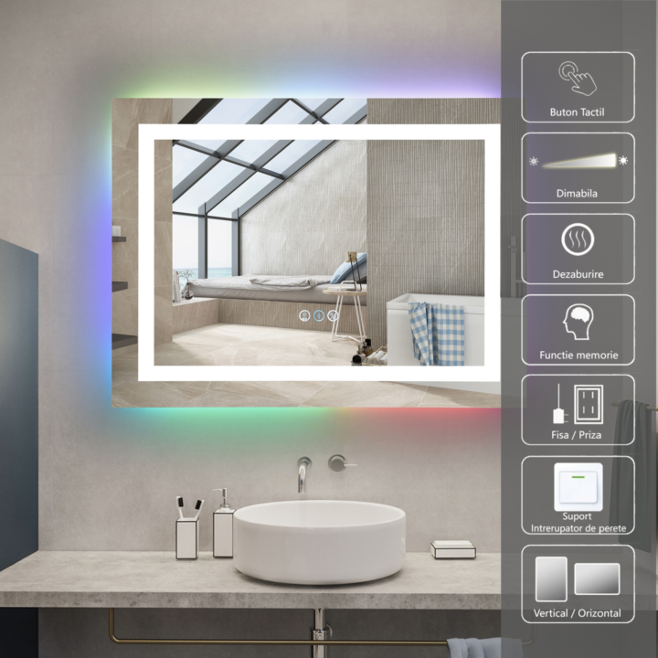 Oglinda LED 47W de baie cu RGB