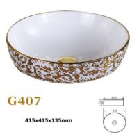 Lavoar pe blat, Ceramica, Auriu, Alb, Rotund, Premium