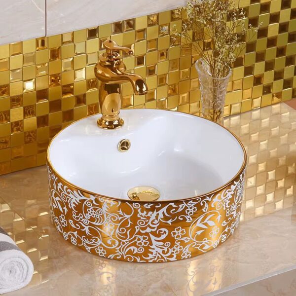 Poza pentru Lavoar pe blat, Ceramica, Auriu, Alb, Rotund, Motive LDPG406