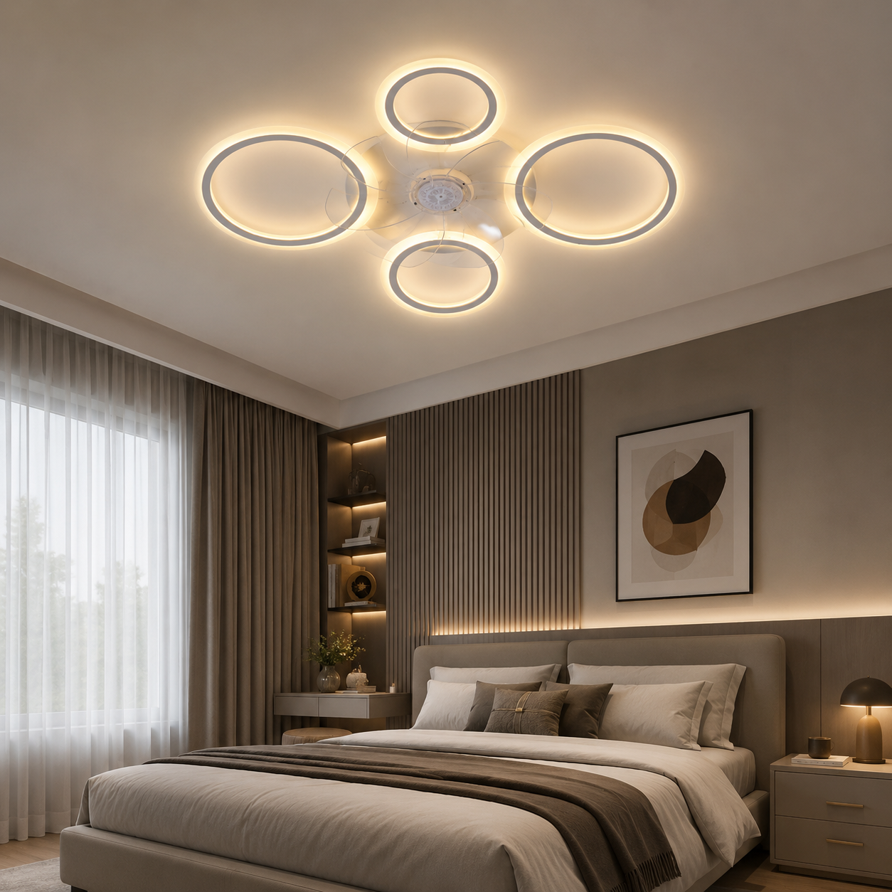 Lustra LED cu ventilator 108W Rings 4 Alb Lustra LED cu ventilator 108W Rings 4 Alb