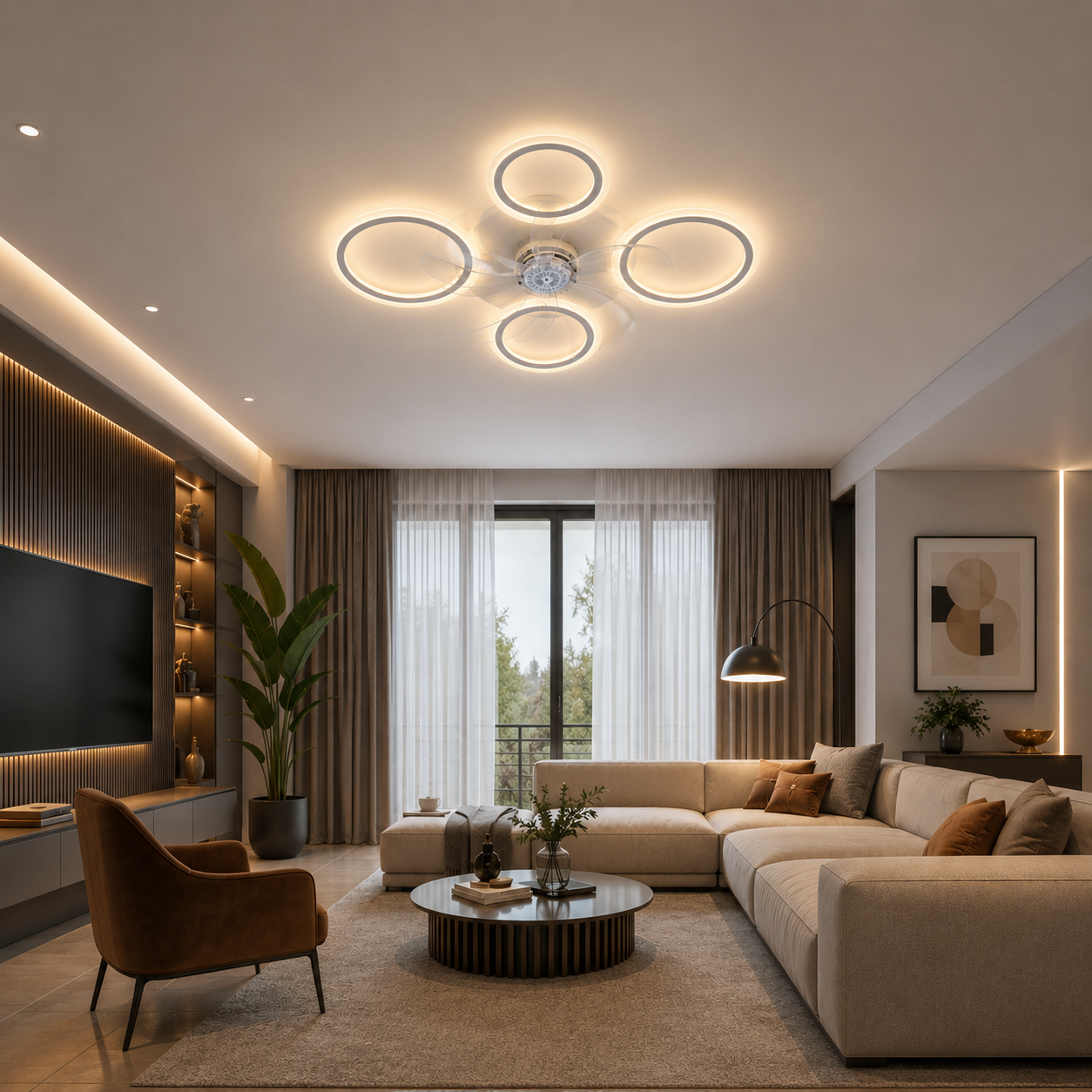 Lustra LED cu ventilator 108W Rings 4 Alb Lustra LED cu ventilator 108W Rings 4 Alb