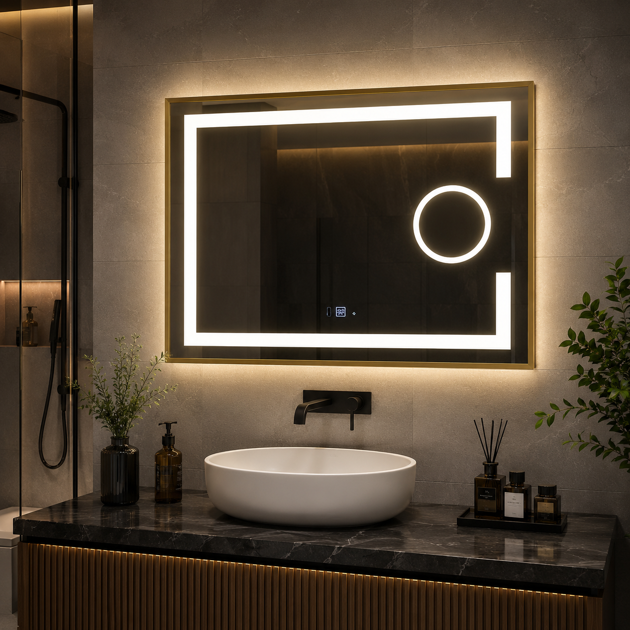 Oglinda LED baie, Lupa, Rama Aurie, 80x60 cm, LDPYG8060 RF Oglinda LED baie, Lupa, Rama Aurie, 80x60 cm, LDPYG8060 RF