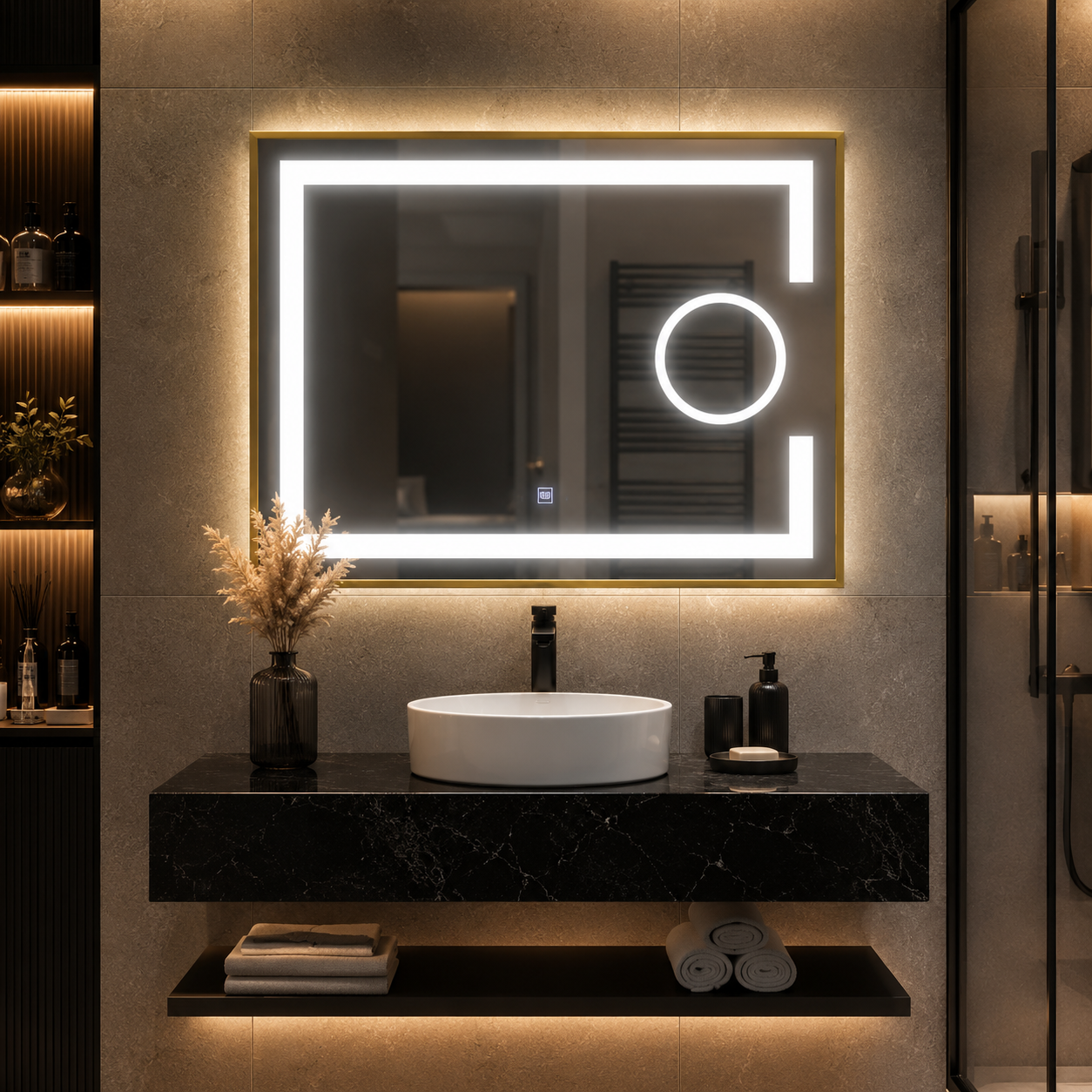 Oglinda LED baie, Lupa, Rama Aurie, 80x60 cm, LDPYG8060 RF Oglinda LED baie, Lupa, Rama Aurie, 80x60 cm, LDPYG8060 RF