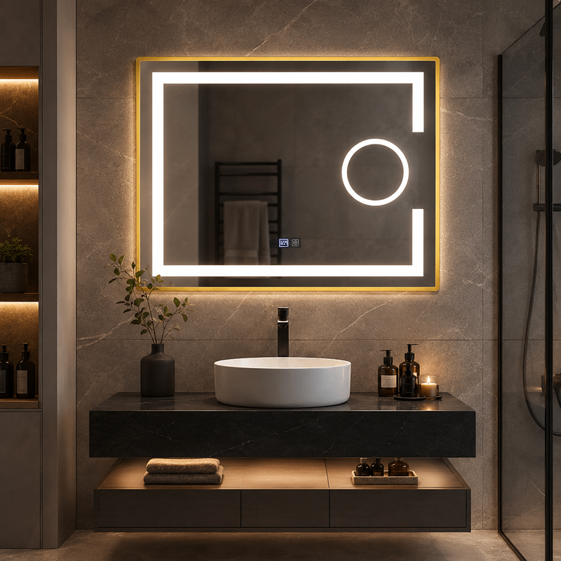 Oglinda LED baie, Lupa, Rama Aurie, 80x60 cm, LDPYG8060 RF Oglinda LED baie, Lupa, Rama Aurie, 80x60 cm, LDPYG8060 RF