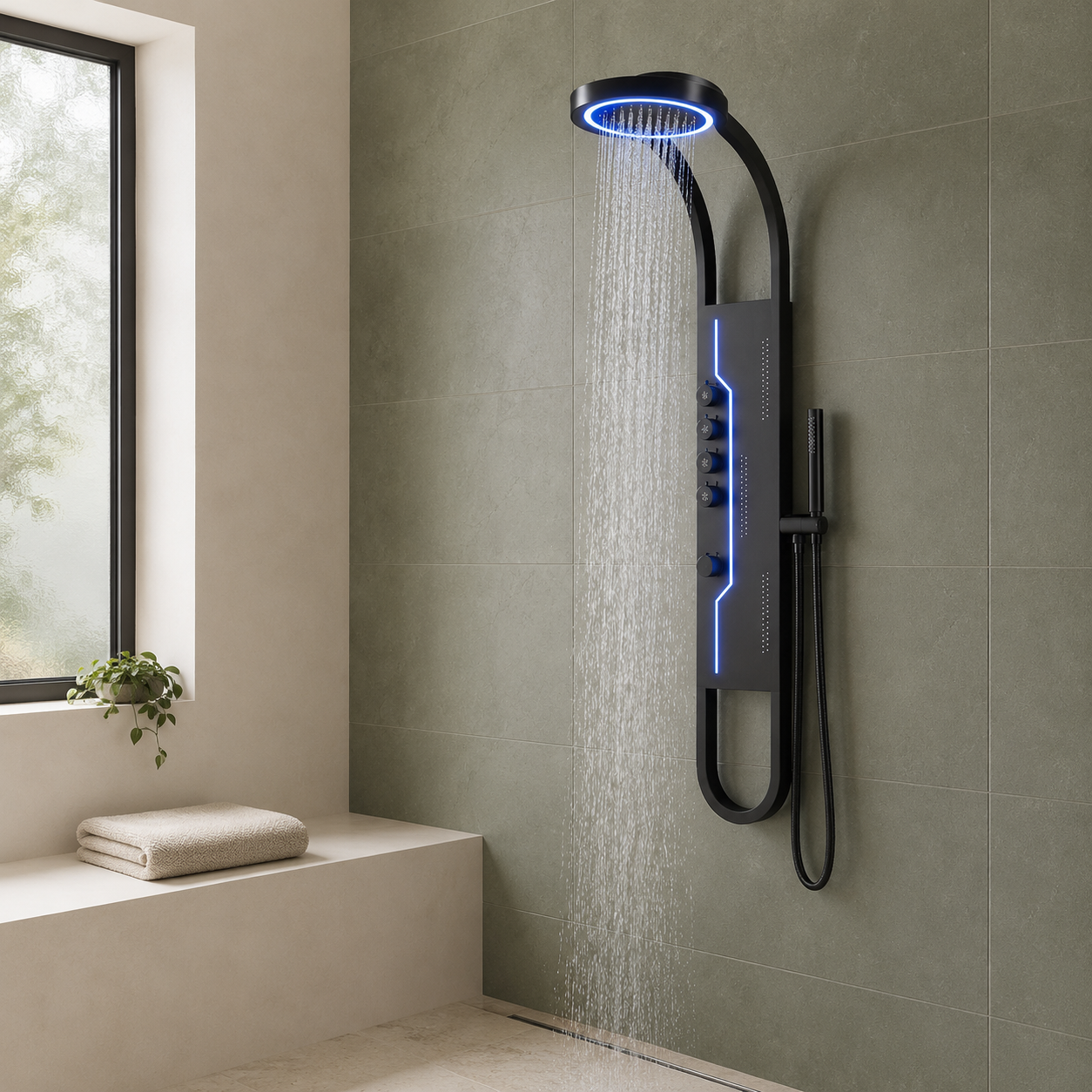 Panou Dus Futurist Negru, Hidromasaj, LED, 6001RF Panou Dus Futurist Negru, Hidromasaj, LED, 6001RF