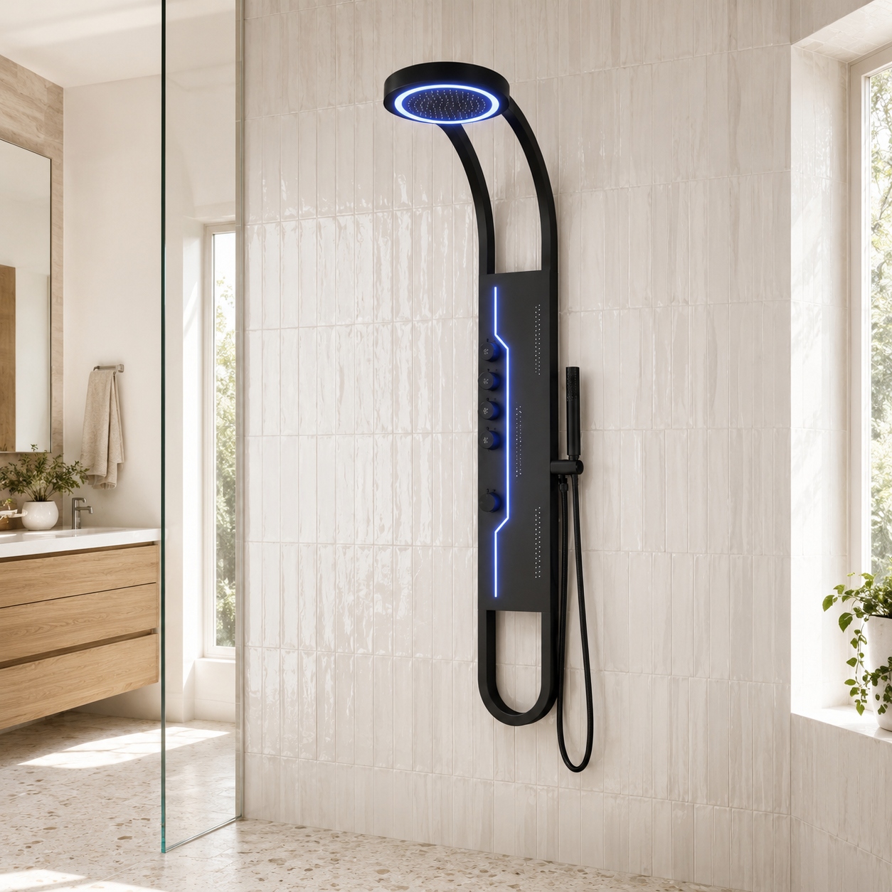 Panou Dus Futurist Negru, Hidromasaj, LED, 6001RF Panou Dus Futurist Negru, Hidromasaj, LED, 6001RF