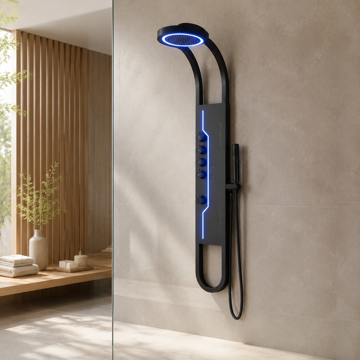 Panou Dus Futurist Negru, Hidromasaj, LED, 6001RF Panou Dus Futurist Negru, Hidromasaj, LED, 6001RF