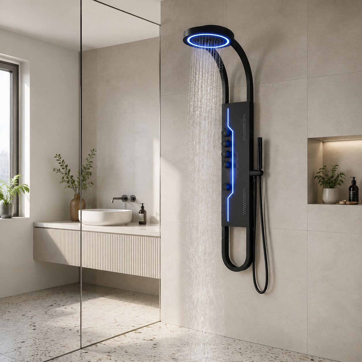 Panou Dus Futurist Negru, Hidromasaj, LED, 6001RF Panou Dus Futurist Negru, Hidromasaj, LED, 6001RF