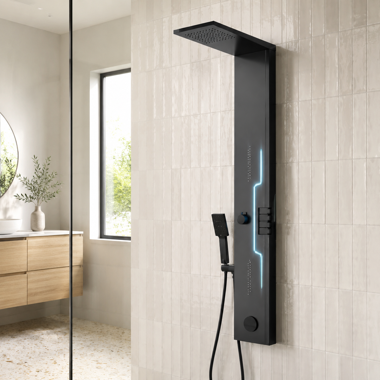 Panou Dus Futurist Negru Mat, Hidromasaj, LED, 5973-2RF Panou Dus Futurist Negru Mat, Hidromasaj, LED, 5973-2RF