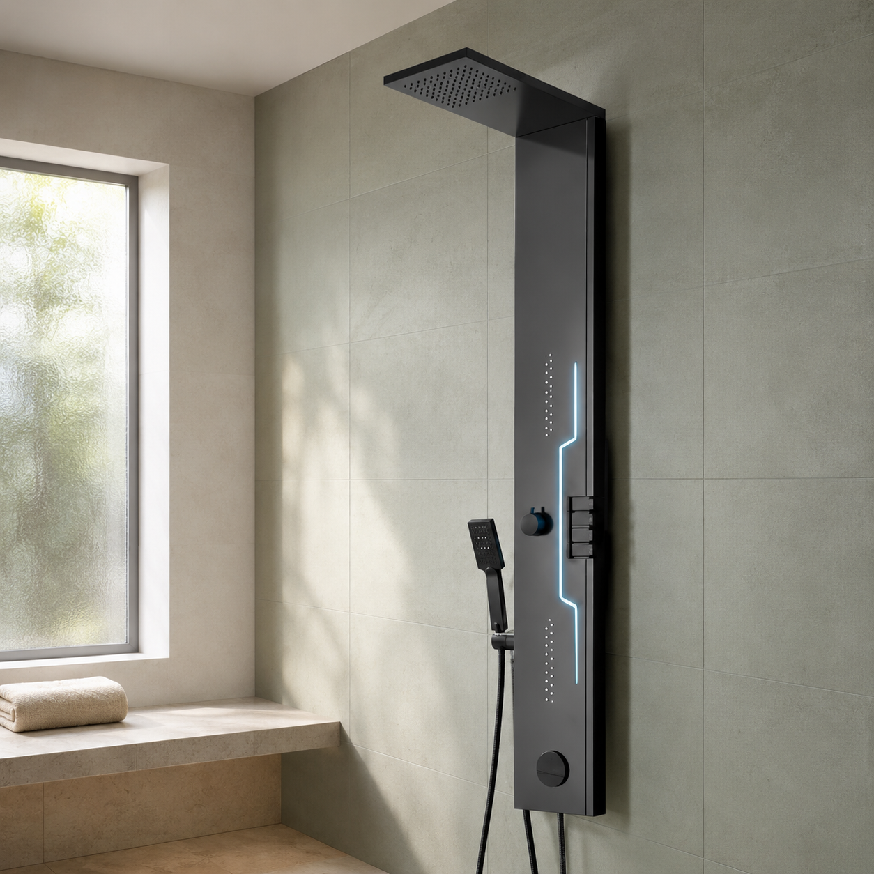 Panou Dus Futurist Negru Mat, Hidromasaj, LED, 5973-2RF Panou Dus Futurist Negru Mat, Hidromasaj, LED, 5973-2RF