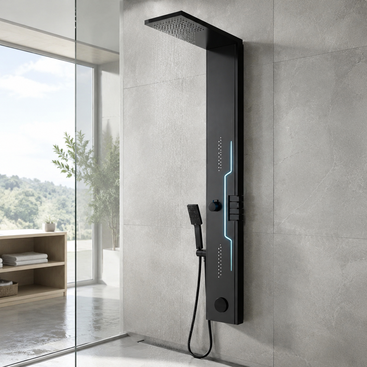 Panou Dus Futurist Negru Mat, Hidromasaj, LED, 5973-2RF Panou Dus Futurist Negru Mat, Hidromasaj, LED, 5973-2RF