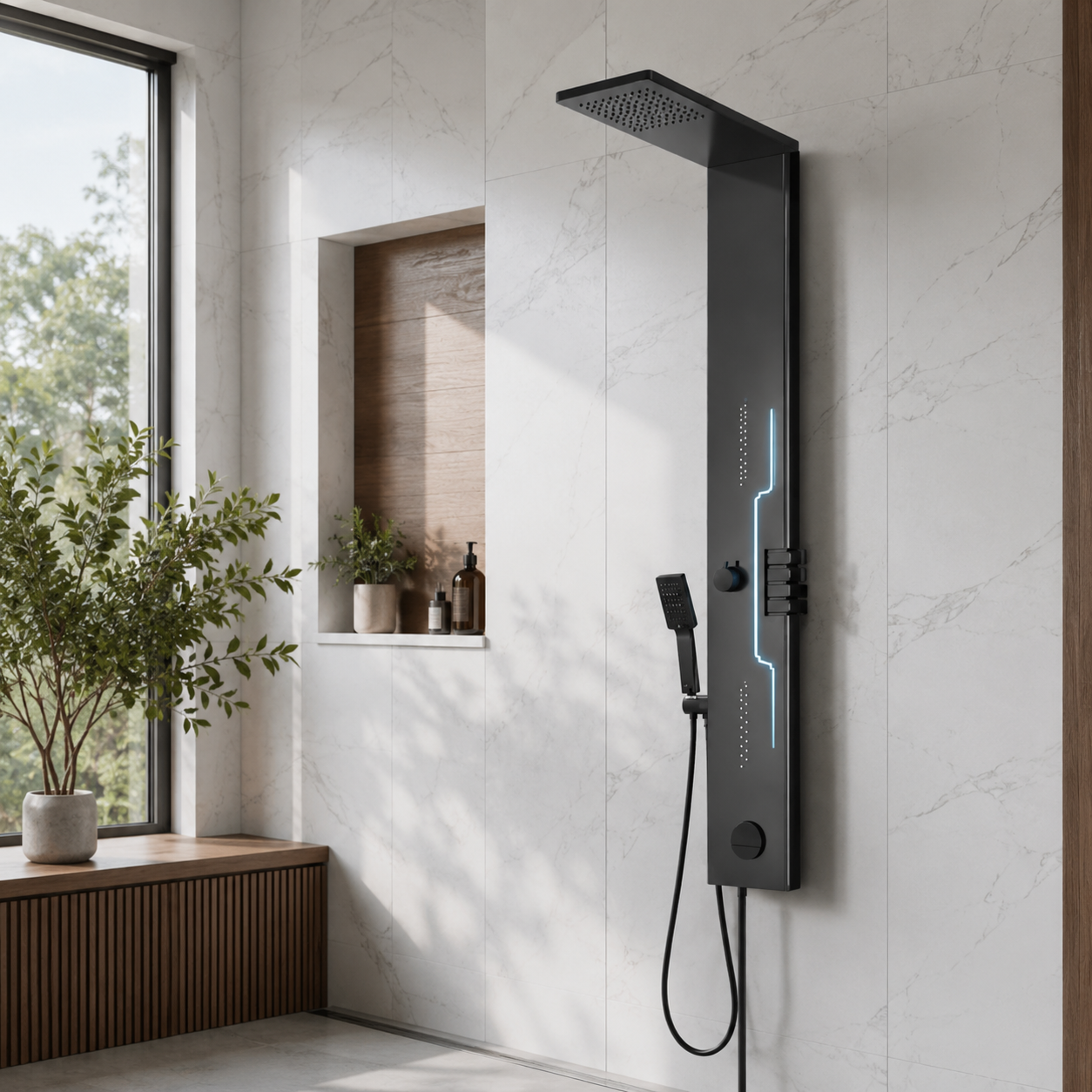 Panou Dus Futurist Negru Mat, Hidromasaj, LED, 5973-2RF Panou Dus Futurist Negru Mat, Hidromasaj, LED, 5973-2RF