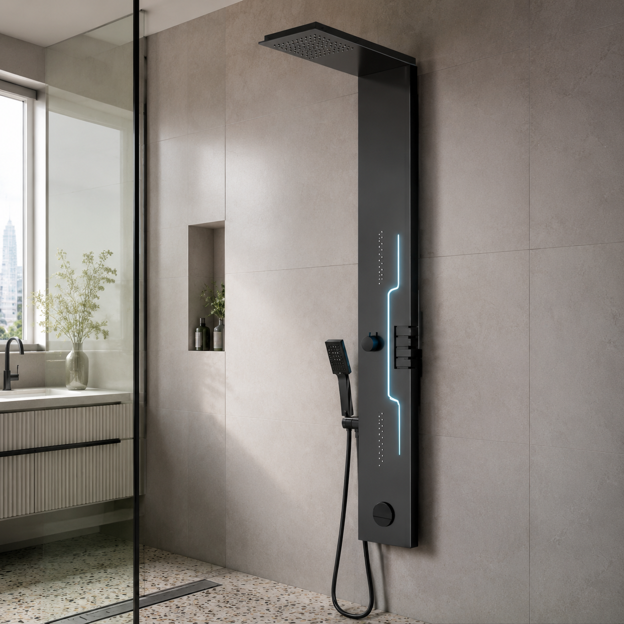 Panou Dus Futurist Negru Mat, Hidromasaj, LED, 5973-2RF Panou Dus Futurist Negru Mat, Hidromasaj, LED, 5973-2RF