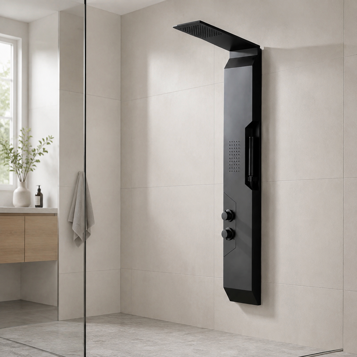 Panou Dus Modern Negru Mat, Hidromasaj, 5657RF Panou Dus Modern Negru Mat, Hidromasaj, 5657RF