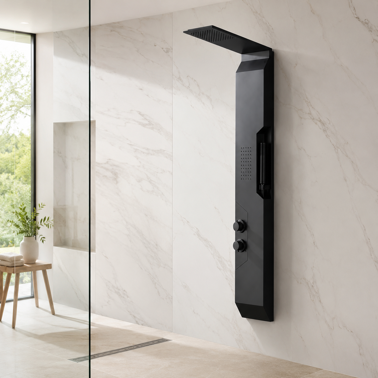 Panou Dus Modern Negru Mat, Hidromasaj, 5657RF Panou Dus Modern Negru Mat, Hidromasaj, 5657RF