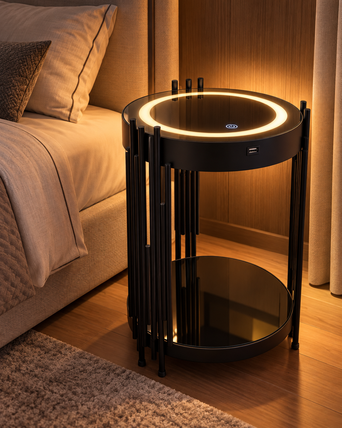 Noptiera Smart Elegance, Touch, lumina LED, Negru Noptiera Smart Elegance, Touch, lumina LED, Negru