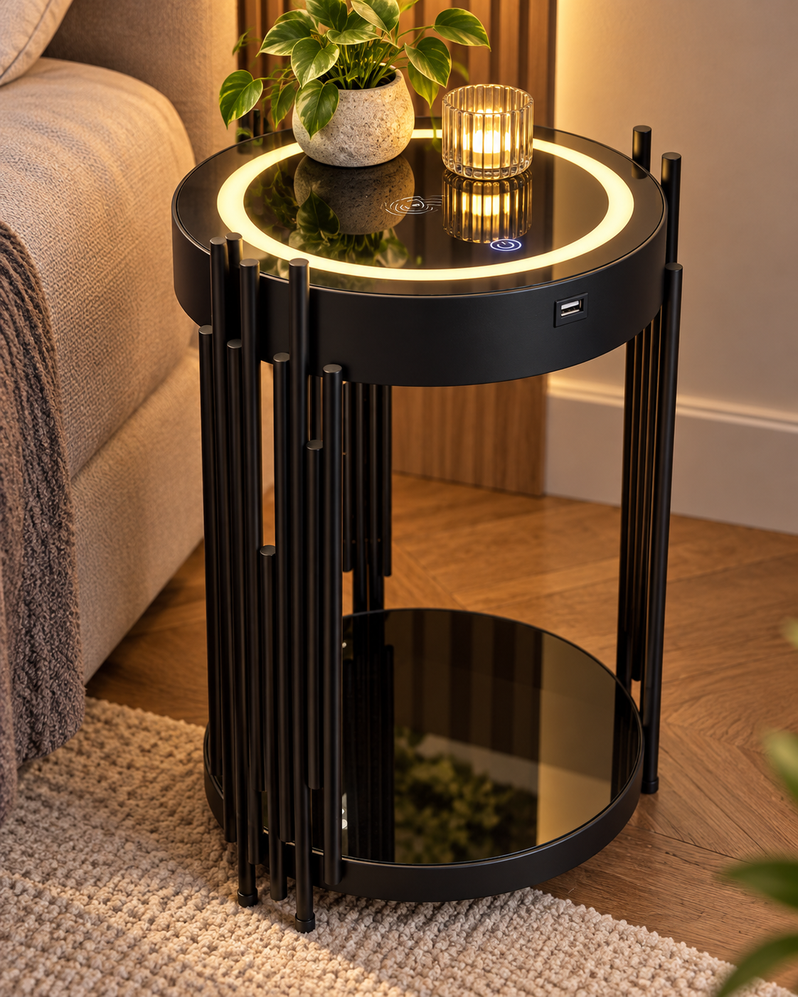 Noptiera Smart Elegance, Touch, lumina LED, Negru Noptiera Smart Elegance, Touch, lumina LED, Negru